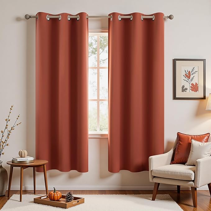 Dusty Burnt Orange Fall Curtains 63 Inch Length for Bedroom 2 Panels Set Blackout Grommet Mid Century Modern Thermal Insulated 70s Curtains for Living Room Window Office Workout Gym 42x63 Inches Long