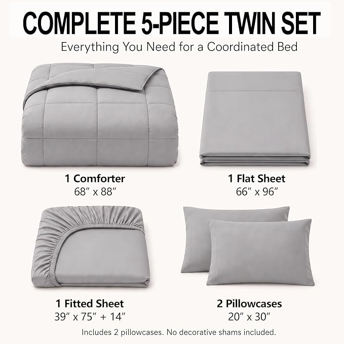 Twin Comforter Set French Grey - 5 Pieces Bed in a Bag | OEKO-TEX Certified, All-Season, Student, Single, Dorm, Down-Alternative Comforter, Flat & Fitted Sheets, 2 Pillowcases