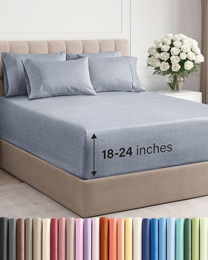 Extra Deep King Sheet Set - 6 Piece Breathable & Cooling - Heathered Blue | Hotel Luxury Bed Sheets Set, Easy & Secure Fit, Ultra-Soft, Wrinkle & Fade Free, Comfy Sheets Set with Extra Deep Pockets