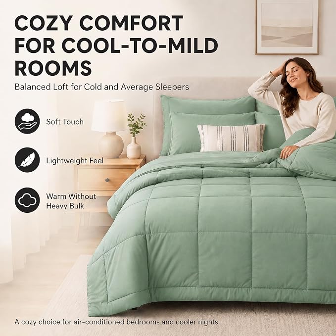 Full Size Comforter Sets Sage Green - 7 Pieces Bed in a Bag | OEKO-TEX Certified, All-Season, Bedroom, Guest Room, Down-Alternative Comforter + Flat & Fitted Sheets + 4 Pillowcases