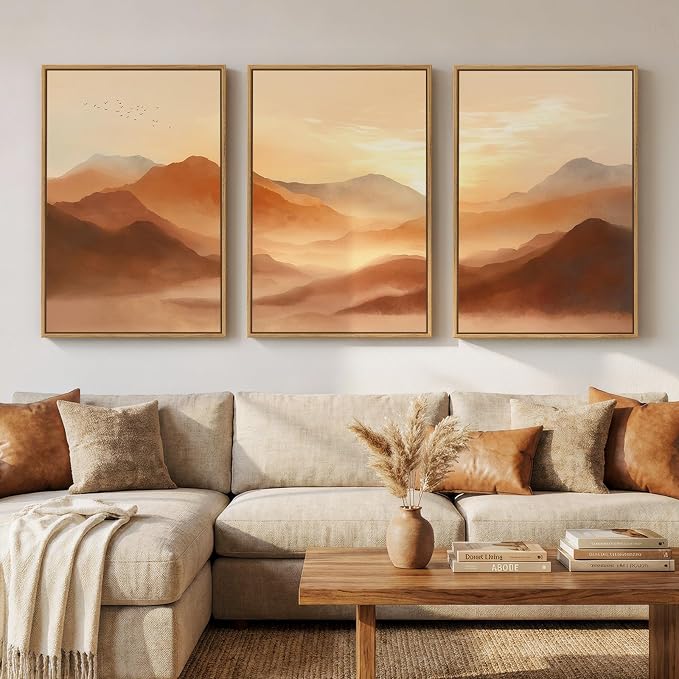 Framed Orange Abstract Mountain Wall Art for Living Room, 3 Piece, 24x36 In | Large, Landscape, Sunset scenic, Terracotta, Modern, Hallway, Home office, Dining room, Bedroom wall decor, Canvas artwork
