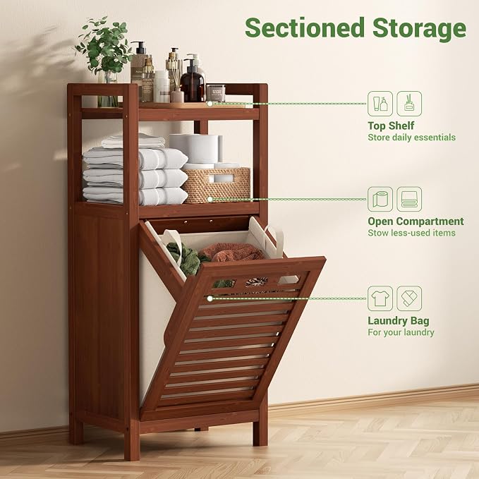 Homykic Tilt Out Laundry Hamper Cabinet, 10 Gal Bamboo Laundry Organizer | Wooden Laundry Basket with Removable Bag, Hidden Hamper with Shelf for Clothes, Bathroom, Laundry Room, Space Saving, Walnut