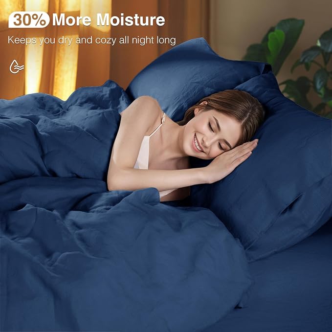 SONORO KATE 100% French Linen Queen Duvet Cover Set,Zipper Closure,3PC | Natural French Flax,Soft Breathable for Hot Sleepers,Moisture Wicking & Durable,4 Corner Ties,Navy Blue