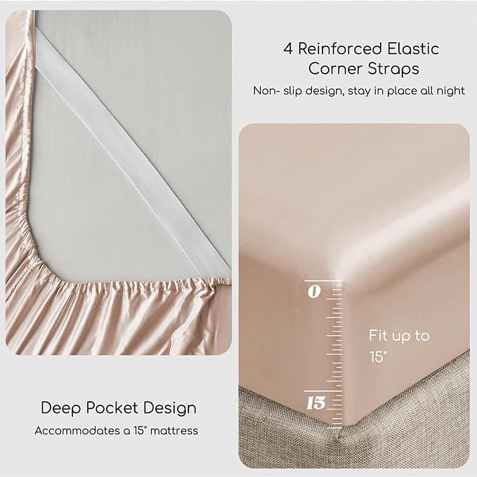 MR&HM Satin Bed Sheets, Full Size Sheets Set, 6 Pcs Silky Bedding Set with 15 Inches Deep Pocket for Mattress (Full, Champagne) | Similar to Silk, 6-Piece Silky Soft Bed Sheet Set, Gentle on Skin and Hair, 15" Deep Pocket, Cooling & Breathable
