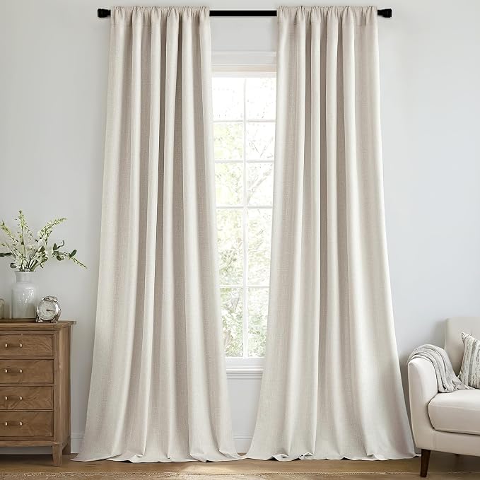 MIULEE 100% Blackout Back Tab Pleat Linen Curtains 50" Wx63 L,Birch | 2 Panels,Thick Faux Linen,Floor to Ceiling,with Hooks,for Bedroom Living Room,Black Out,Room Darkening