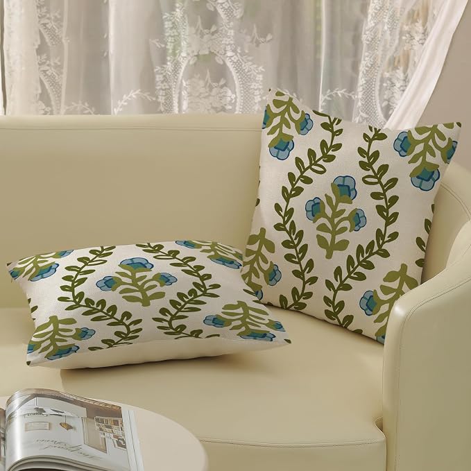 Sage Green Boho Pillow Covers 22x22 Inch 2 Pcs Blue Green Floral Leaves Decor Throw Pillows Vintage Flower Seasonal Spring Summer Outdoor Farmhouse Pillowcase Linen Cushion Cover for Couch Sofa