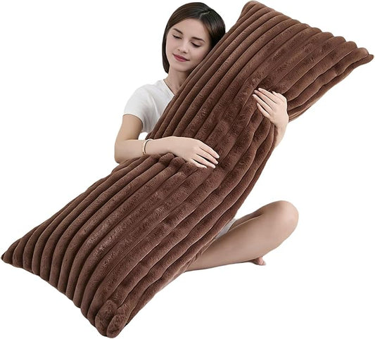 Full Body Pillow with Fluffy Stripe Faux Fur Removable Cover, Long Bed Pillow Adult 20x54 Inches for Side Sleeper and Pregnancy, Coffee.