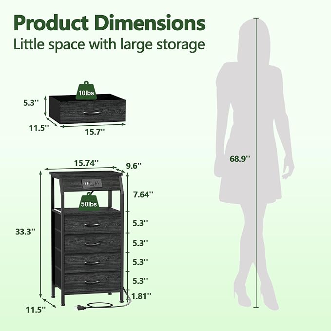 Furnulem Tall Night Stand with Charging Station, 4 Drawers Bedside Table | Small Black Dresser, 33.3 Inch Tall Dorm Nightstand, Fabric Drawers, Storage Tower for Closet, Bedroom, 3 Ways to Use