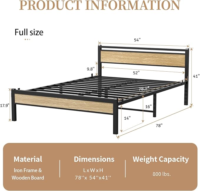 Easy Install 16 Inch Queen Size Bed Frame with Headboard&Footboard | Large Under Bed Storage, No Box Spring Needed, Non-Slip Without Noise, Sturdy Steel Frame, Mattress Foundation, Walnut