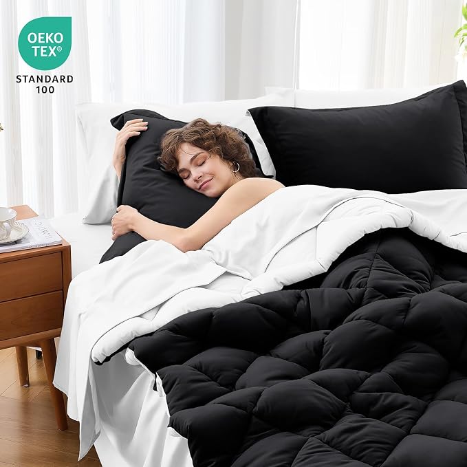 5 Pieces Twin Comforter Set, Reversible Bed in a Bag Twin Size, All Season Bedding Set with Comforter, Flat Sheet, Fitted Sheet, Pillowcases & Shams, Black & White