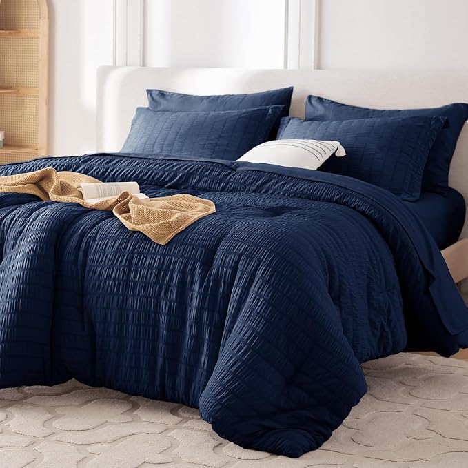 7 Pieces Full Comforter Set, Seersucker Bed in a Bag Full Size, All Season Luxury Bedding Set with Comforter, Flat Sheet, Fitted Sheet, Pillowcases & Shams, Navy Blue