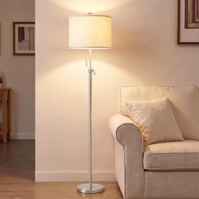Qingmiao Brushed Nickel Floor Lamps for Living Room, 55"-67" Height Adjustable Modern Tall Lamp, 3-Way Dimmable Standing Lamp for Bedroom Office Reading Corner Home Decor, New House Warming Gifts