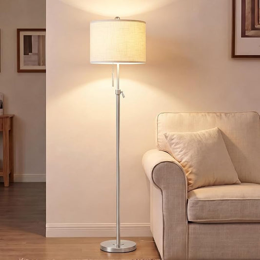 Qingmiao Brushed Nickel Floor Lamps for Living Room, 55"-67" Height Adjustable Modern Tall Lamp, 3-Way Dimmable Standing Lamp for Bedroom Office Reading Corner Home Decor, New House Warming Gifts