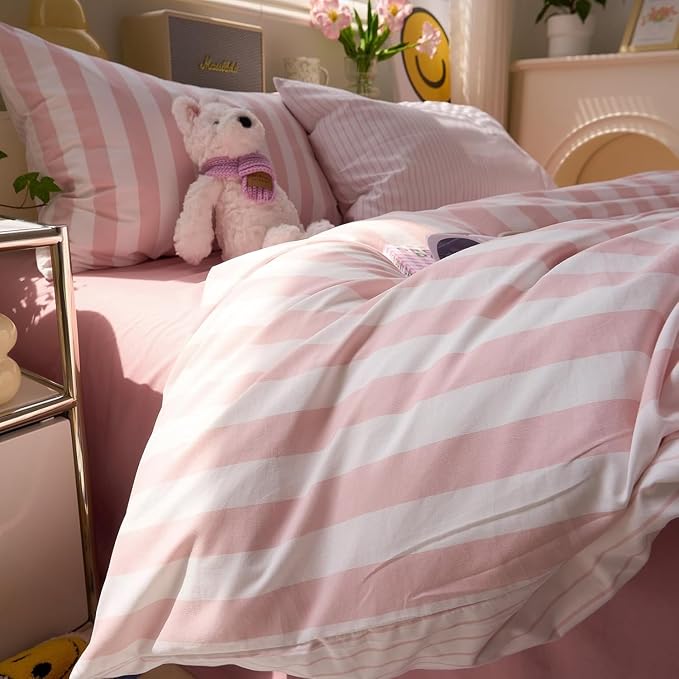 LifeTB Peach Pink Striped Comforter Set Twin XL, 3 Piece Vintage Stripes Pattern Printed Bedding Set, Breathable Soft Farmhouse Striped Bedding Comforter Twin XL, Cozy Lightweight Pink Comforter Set