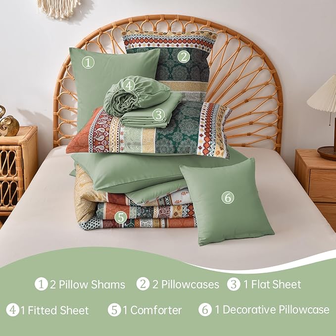 Cottolester Boho Comforter Set Queen Size,8 Pieces Sage Green and Orange Bohemian Striped Bed in a Bag,Paisley Soft Microfiber Bedding Comforter Set