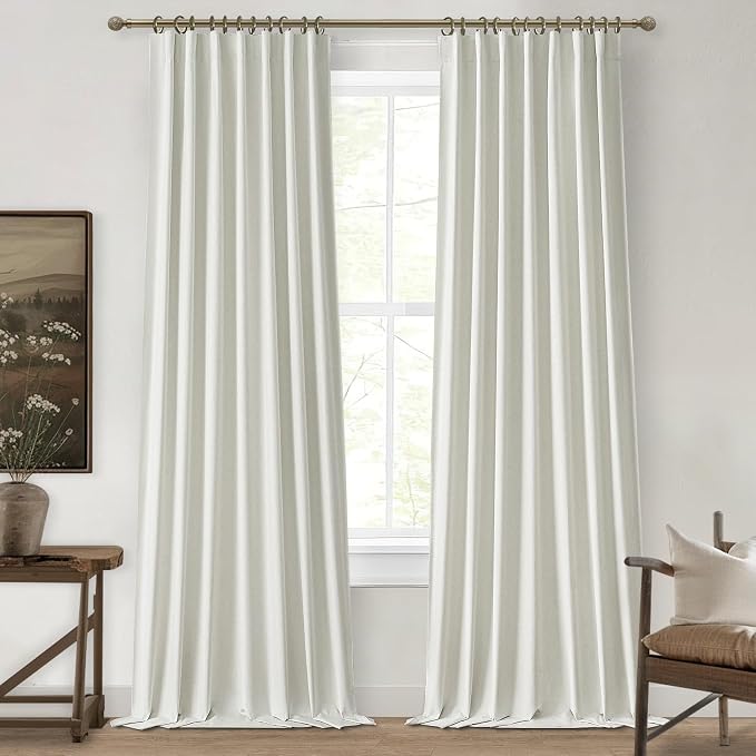 QJmydeco Beige White Linen Curtains 92 Inches Long 2 Panels Set, Modern Neutral Nursery Blackout Curtains for Kids Bedroom Thermal Drapes for Summer Heat Noise Reducing Hook Belt&Back Tab(W50 x L92)