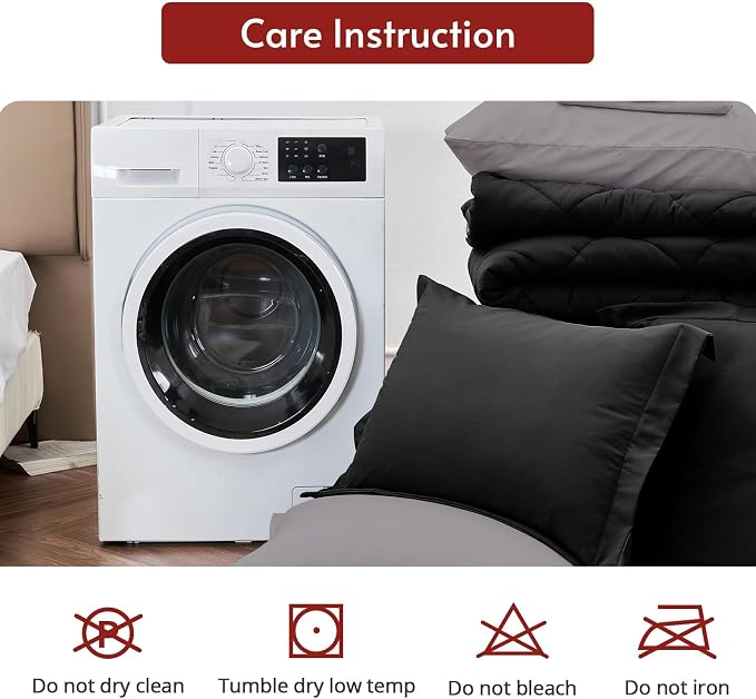 7 Pieces Queen Comforter Set, Reversible Bed in a Bag Queen Size, All Season Bedding Set with Comforter, Flat Sheet, Fitted Sheet, Pillowcases & Shams, Black & Soot