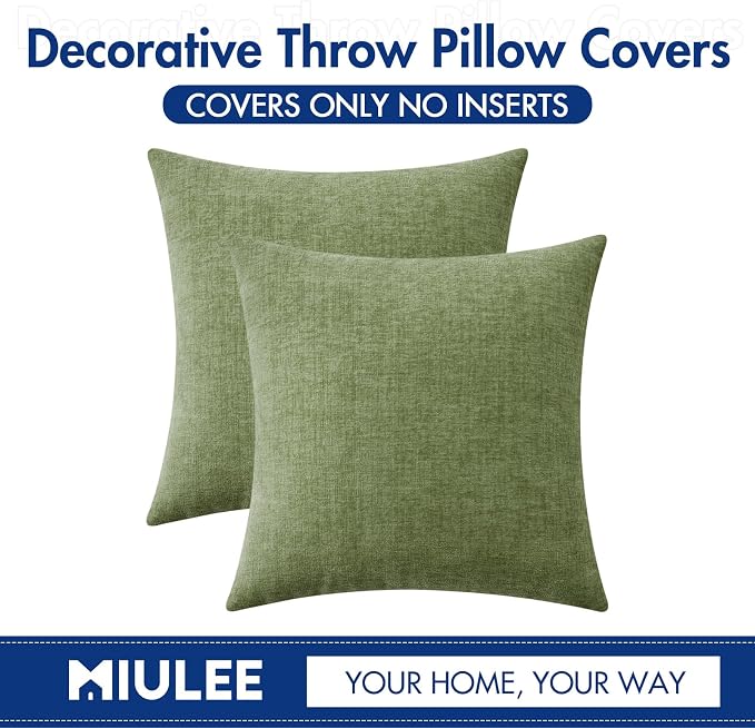 MIULEE Soft Chenille Throw Pillow Covers Sage Green 16x16 Inch Pack of 2 | Modern Home Decor, Classic Decorative Pillows, Solid Dyed Cases, Boho Couch Cushion Covers for Sofa Bed Living Room