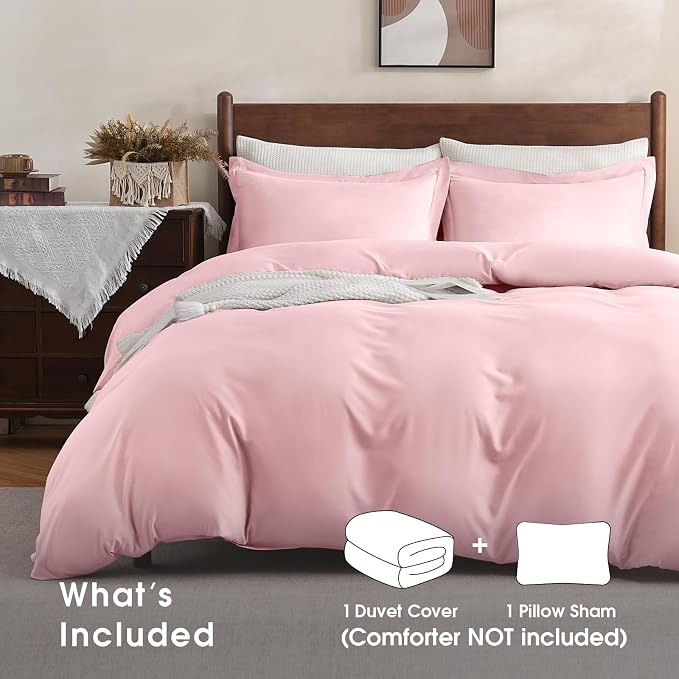 FreshCulture Duvet Cover Full Size - 3 Pieces Microfiber Duvet Cover Set with Zipper Closure - Lightweight & Easy Care - 1 Comforter Cover & 2 Pillow Shams - Comforter Not Included (Pink)