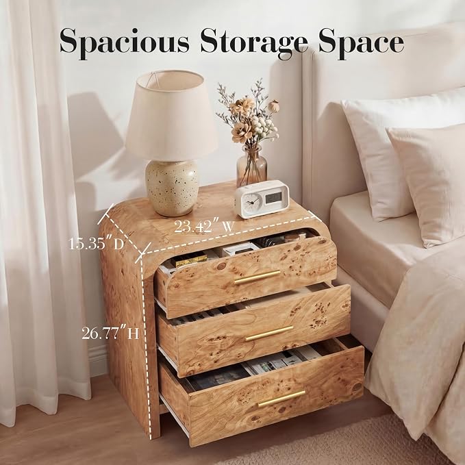 Night Stand Set of 2, 3-Drawer | [Curved Profile] [FSC-Certified Wooden Board] Nightstand 26.7"H Metal Handle Modern Bedside Table Side Table End Table