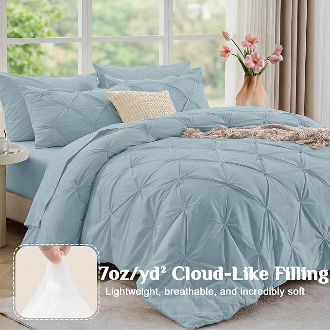 JOLLYVOGUE Full Size Comforter Sets 7 Pieces - Bed in a Bag Full for All Season, Pintuck Bedding Comforter Sets with Comforter, Flat Sheet, Fitted Sheet and Pillowcases & Shams, Greyish Blue