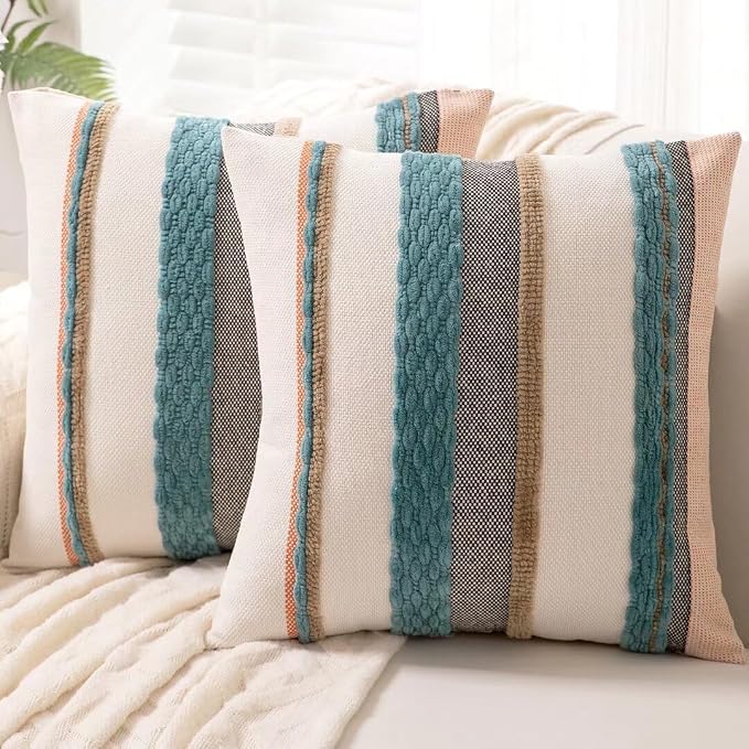 Boho Throw Pillow Covers Decorative Neutral Farmhouse Pillow case | 18x18 Set of 2 Cushion Case Striped Square Pillows Cover Couch Pillow Cases Accent Pillowcase for Sofa Bed,Blue