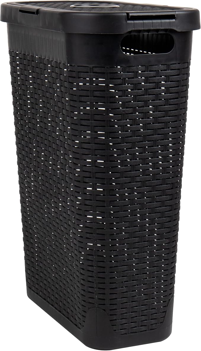 Mind Reader Slim Laundry Hamper with Lid, 40L Clothes Basket, Narrow Tapered Design with Ventilated Cutout Pattern, Plastic, Black