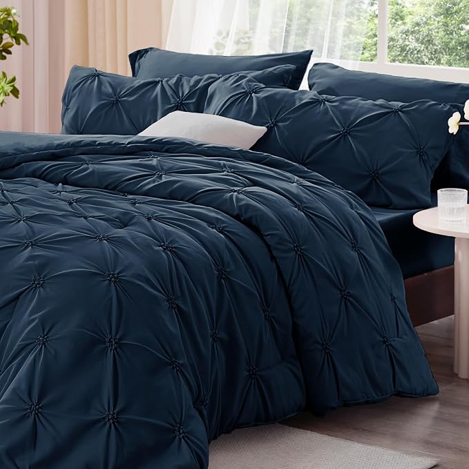 BEDELITE Twin Comforter Set Navy,Lightweight & Soft Comforter | Pintuck Boho Bedding, Warm & Cute Bed Set for All Season,With 1 Pillowcase