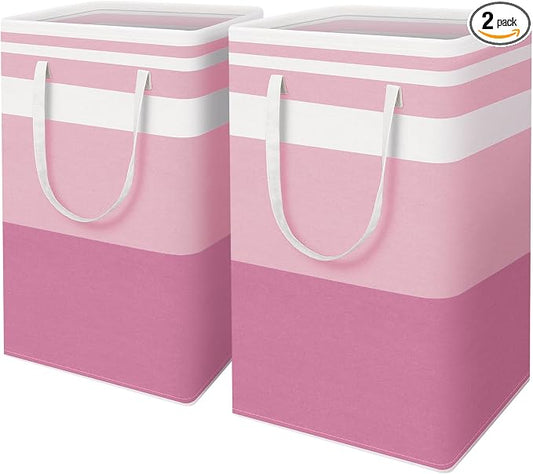 HomeHacks 2 Pack Large Laundry Baskets, Laundry Hampers Bags (Pink 88Lx2) | Waterproof, Freestanding, Collapsible Clothes Hamper with Reinforced Handles in Laundry Room, Dorm, Bathroom, Bedroom