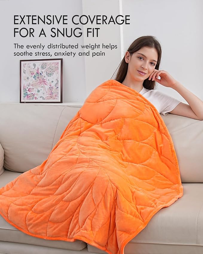 Kaisa Weighted Lap Blanket for Adults, 7lbs 41" x 53", Leaf Pattern, Orange | Washable Weighted Blankets, Small Portable Blanket for Relaxation, Cozy Luxury Crystal Velvet All-Season Heavy Blanket