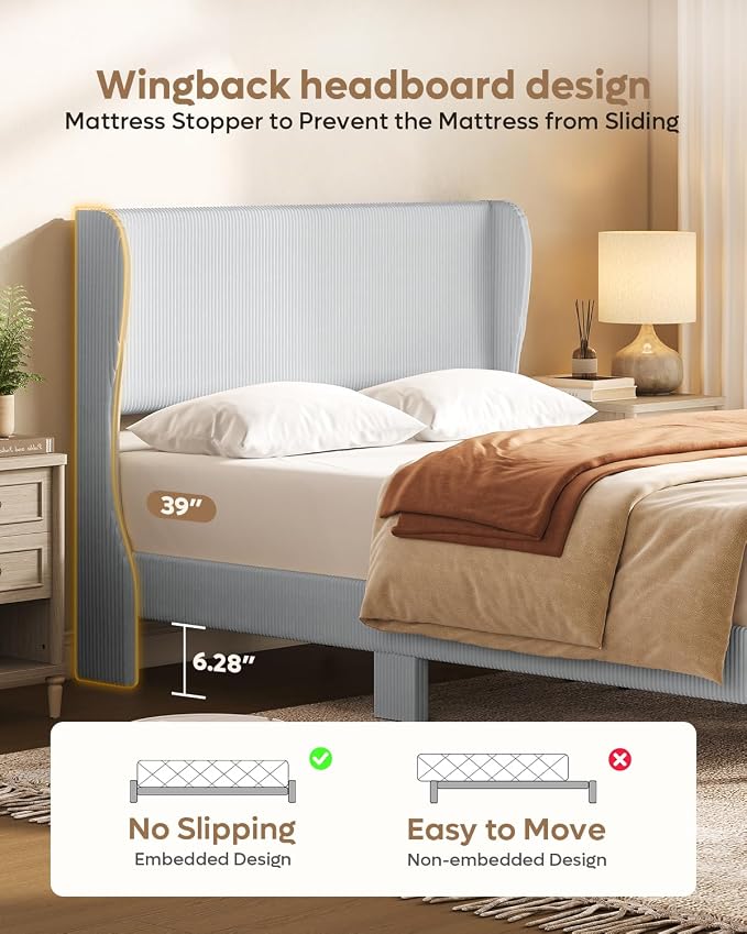 Bestier Full Bed Frame with Wingback Headboard,Upholstered,Light Grey | Vertical Channel Corduroy Upholstered,Easy Assembly,Wingback Headboard,No Squeaks,Wooden Slats Support,No Box Spring Needed