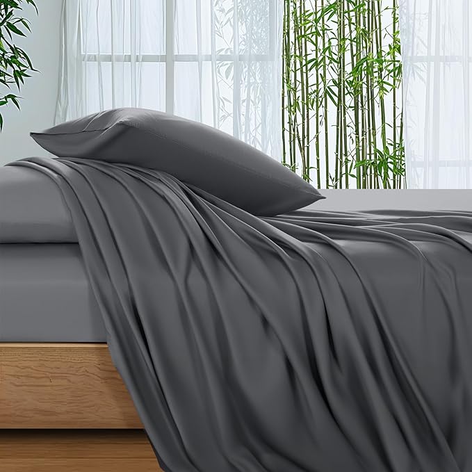 SONORO KATE 100% Viscose Derived from Bamboo_Sheets King Size,4PC | Cooling Bed Sheets for Hot Sleepers,Soft Breathable & Silky,16" Deep Pocket,Luxury Hotel Bedding,Dark Grey