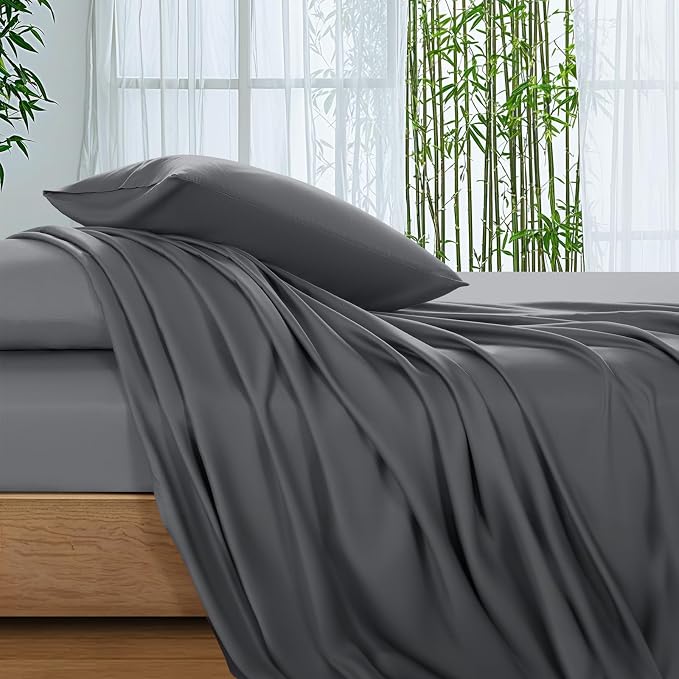 SONORO KATE 100% Viscose Derived from Bamboo_Sheets Cal King Size,4PC | Cooling Bed Sheets for Hot Sleepers,Soft Breathable & Silky,16" Deep Pocket,Luxury Hotel Bedding,Dark Grey
