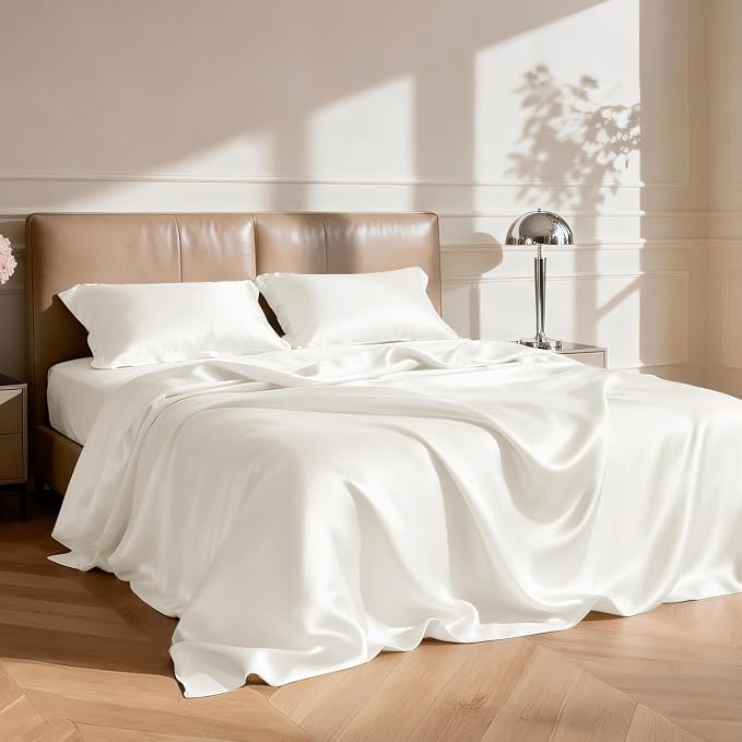 Love's cabin California King Satin Sheet Sets - 4 Piece Ivory Silky Sheets Bed Set with Deep Pocket, Luxury Silk Feel Satin Cal King Sheet Set (1 Flat Sheet,1 Fitted Sheet,2 Pillow Cases)