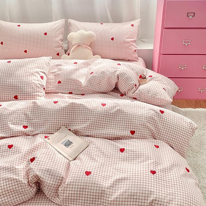 Nayoroom Gingham Duvet Cover Queen Size Pink Plaid Red Heart Printed on White Bedding Set 3 Pcs Kids Girls Cute Heart-Shaped Comforter Cover with Zipper Closure Soft Breathable Microfiber