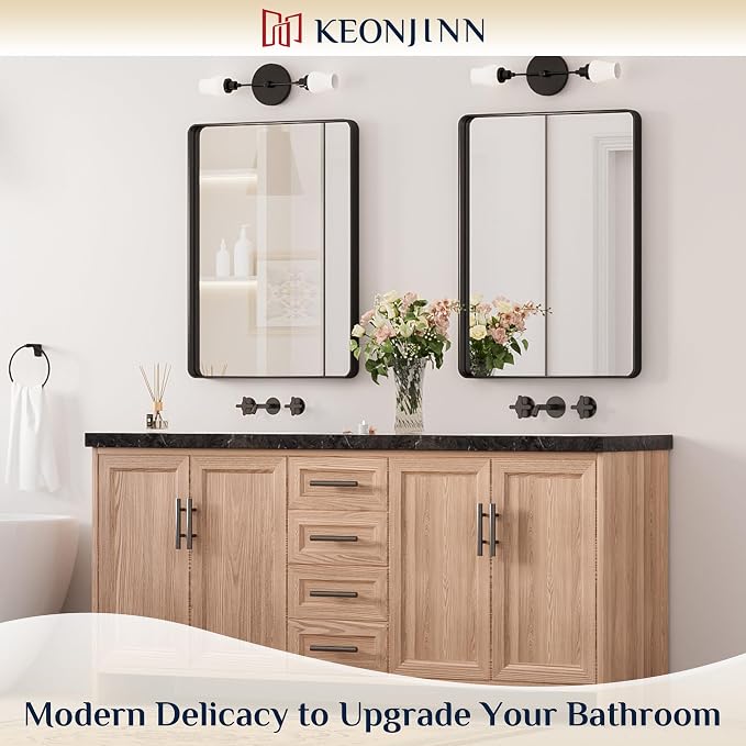 Keonjinn 22 x 30 Inch Black Vanity Mirror, Aluminum Frame Bathroom Mirror | Tempered Glass with Clear Reflection, Matte Black Sandblasted Finish, Anti-Rust, Seamless Aluminum Frame, Rounded Rectangle