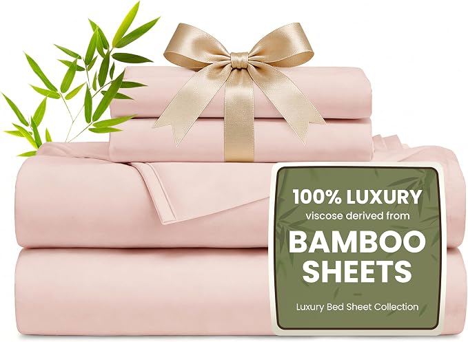 Love's cabin 4 Piece California King Size Sheet Set, 100% Rayon Derived from Bamboo, Cooling & Breathable, Soft Silky Deep Pocket up to 16", Hotel Luxury Bedding for Hot Sleepers, Pink