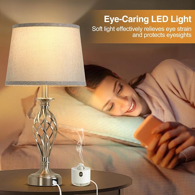 Table Lamp for Bedroom Set of 2 with USB C+A Ports,Modern Night Stand Lamps | Silver Bedside Lamps with Spiral Cage Base,Grey Fabric Shade,Lamp for Living Room Reading Bed Side End Table,Bulbs Included