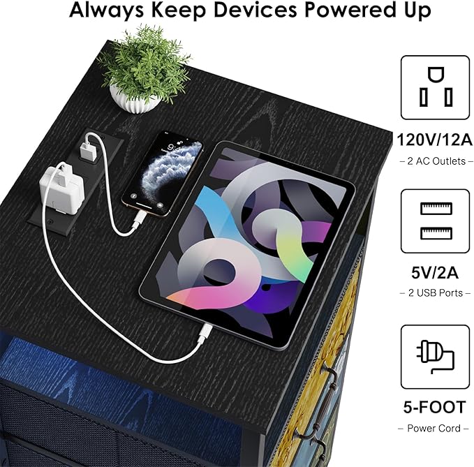Fixwal Night Stand with 3 Fabric Drawers, Nightstand with Charging Station | vintage flower, led lights, built-in bedside charger, 2 AC outlets & 2 usb ports, 2 wooden shelves, bedroom furniture