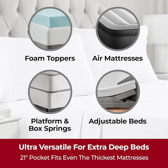Mellanni Iconic 5-Piece, Ultra Soft Sheet Set (Split King, White) | 10M+ Sleepers. Lab-tested: Sleeps Cool, Stays Bright, Strong, Smooth. Good Housekeeping Best Bedding, 7 yrs running.
