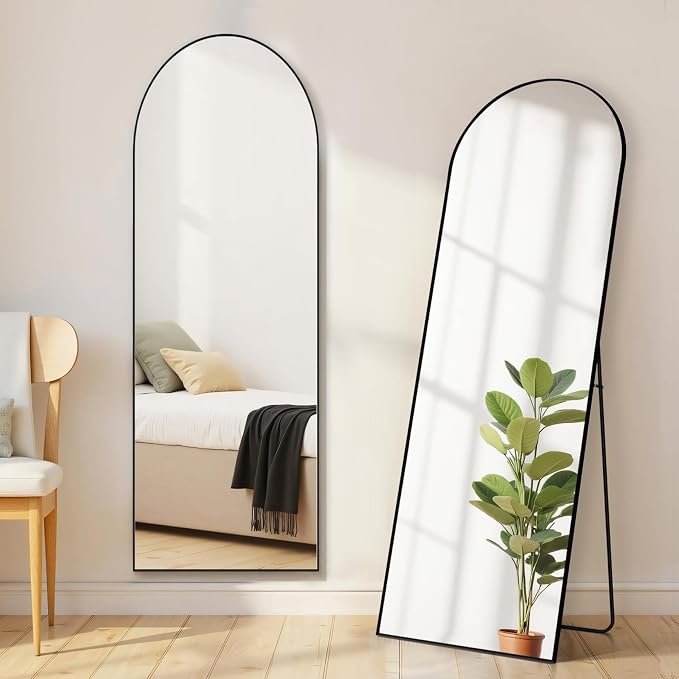 16"x59" Arched Mirror Full Length, Upgraded Body Wall Mirrors | Shatter-Proof Glass, Floor Standing, Hanging or Leaning, Tall Mirror with Stand Aluminum Alloy Frame for Bedroom, Black