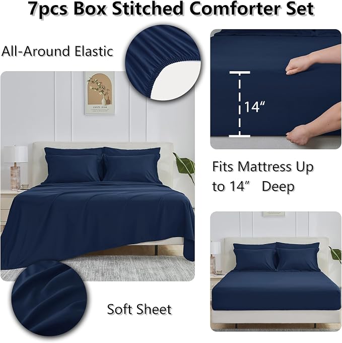 Full Size Comforter Sets, 7-Piece Bed in a Bag, Navy Blue | OEKO-TEX Certified, Box-Stitched Design, 240 GSM Down Alternative Fill, All-Season Comfort, Sheets, Pillowcases & Shams