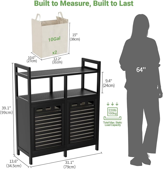 Homykic Tilt Out Laundry Hamper Cabinet, Bamboo Laundry Organizer, Black | 20 Gal Laundry Sorter with 2 Removable Liner Bags, Hidden Clothes Hamper with Shelf for Laundry Room, Bathroom, Closet