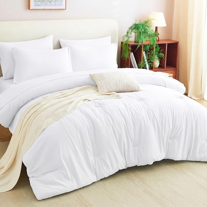 Twin XL Comforter White, 5 Pieces Bed in a Bag | College Dorm Essentials, OEKO-TEX Certified, 240GSM Down Alternative Comforter, Flat & Fitted Sheets, Pillowcase & Sham