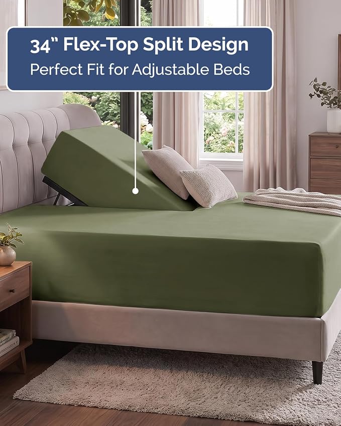 Extra Deep Flex Top Split Head King Fitted Sheet - Hotel Luxury Single Fitted Sheet Only - Easily Fits 18 inch to 24 inch Mattress - Ultra Soft, Wrinkle Free w/Extra Deep Pockets - Sage Green