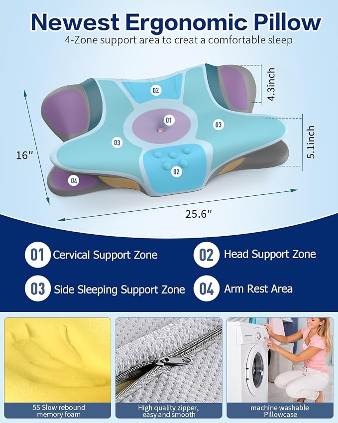 Cervical Neck Pillow for Pain Relief - Ergonomic Side Sleeper Pillow for Sleeping, Cooling Memory Foam Pillows for Neck Support, Orthopedic Pillow Contour Bed Pillow for Back Sleepers