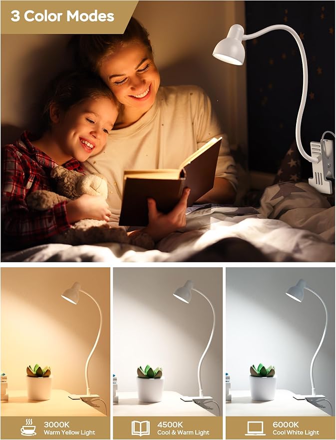 LiFMIRA Clip on Lamp USB Reading Light, Desk Lamp with Clamp White | 3 Color Modes, 10 Dimmable Brightness Eye Care Clamp Lamp with Flexible Gooseneck for Reading in Bed Desk Headboard Computer