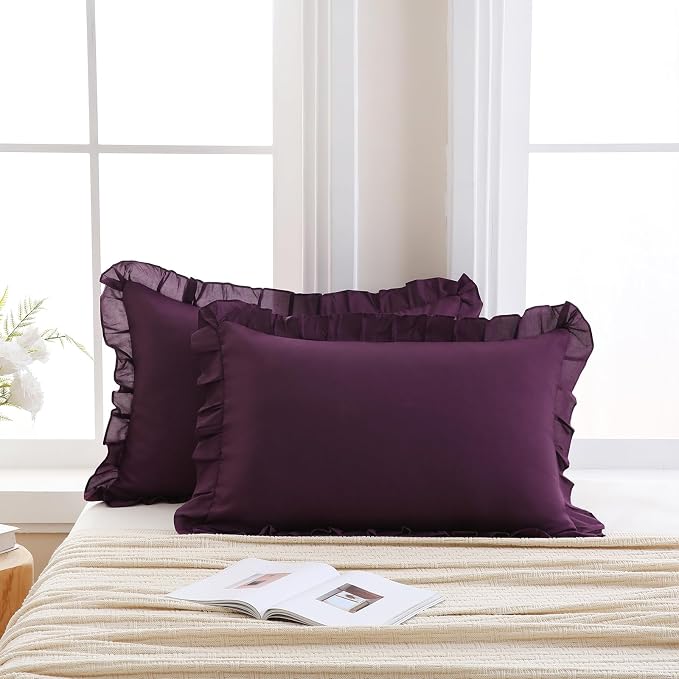 Merryword Dark Purple Pillowcases King Size Ruffled Pillow Shams Set of 2 Cute Pillowcases Purple Shabby Chic Pillow Cover 2 Pack