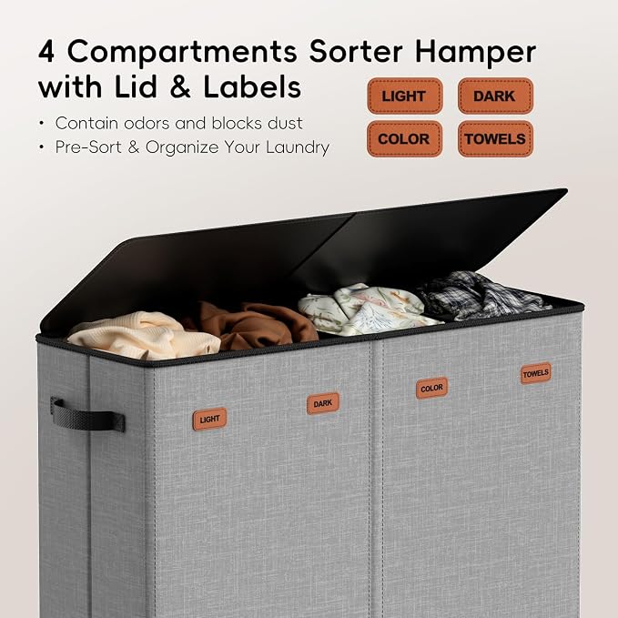 Laundry Hamper 4-Section with Lid, 185L Laundry Sorter with 4 Removable Bags + 1 Extra Large Bag, Switchable 3/4 Compartment, Laundry Basket Organizer for Bedroom, Laundry Room，Grey