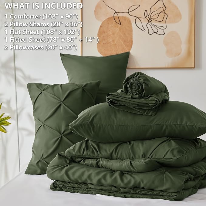 King Size Comforter Set Olive Green, 7 Pieces Bed in a Bag | OEKO-TEX 100 Certified, 240GSM All Season, Bedroom, Guest Room, Down-Alternative Comforter, Sheets, Pillowcases & Shams